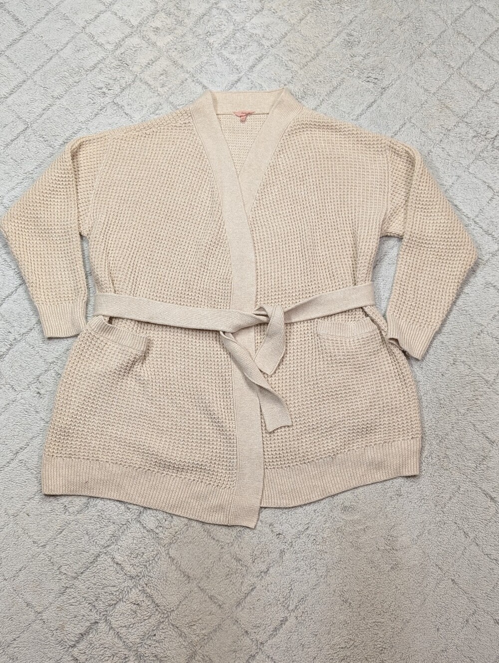 Eberjey Sweater Womens M Beige Oat Wrap Open Cardigan Waffle Knit Self Belt
